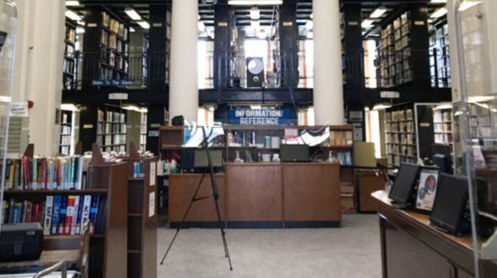 The front lobby of the Utica Public Library. This historic building offers a wealth of books waiting to be read.